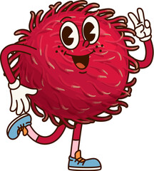 Groovy tropical lychee fruit character. Isolated cartoon vector ripe, healthy exotic fruit personage walking cheerfully in vintage sneakers, with happy smile, peace gesture and retro, y2k, hippie vibe