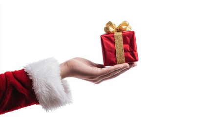 Hand of santa claus holding red christmas gift on red background,Santa Claus gloved hand with giftbox in Christmas day,Black Friday, Sales,Giving Gift concept,copy space.