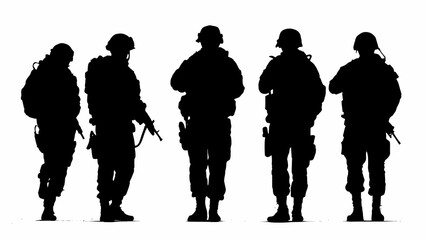  five black silhouettes of military personnel standing in formation, all wearing helmets and carrying weapons, against a white background.