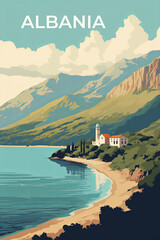 Coast and mountains in Albania, vintage travel poster of this country