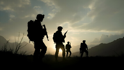 Four soldiers in silhouette stand in a mountainous landscape against a cloudy sky. They hold rifles and wear backpacks, with the setting sun casting a warm glow behind them.
