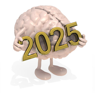 brain with arms, legs and the 3D inscription 2025