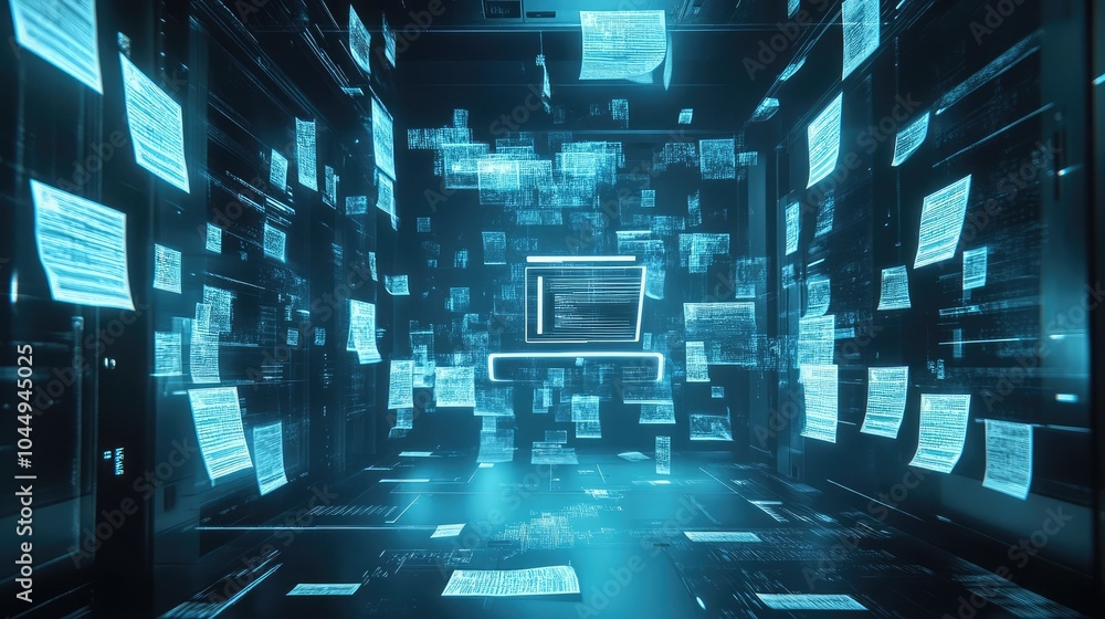 Poster digital document scanning and cloud storage, futuristic file management concept