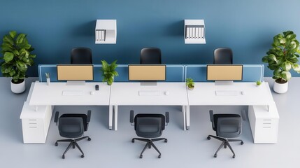 Modern adaptable office workspace with flexible furniture, flat design, top view, corporate design theme, 3D render, Triadic Color Scheme