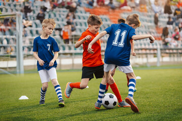 Obraz premium Group of Boys Soccer Teams Competing For The Ball During A Football Match. Kids Play Sports In the Stadium. Happy Children Play Soccer Ball on Grass Pitch. Kids in Red and Blue Football Teams in Match