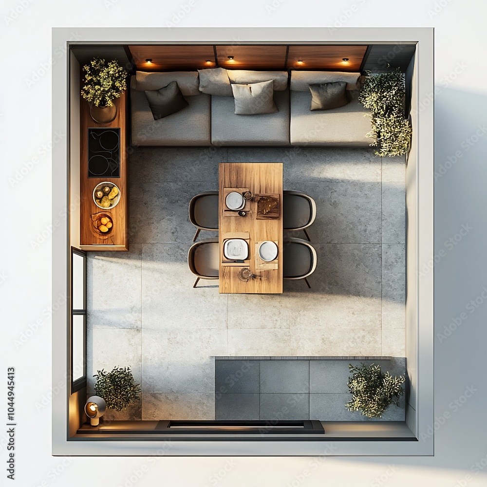 Poster top view 3d render of compact dining area with a small table cozy seating and a clear floor plan on 