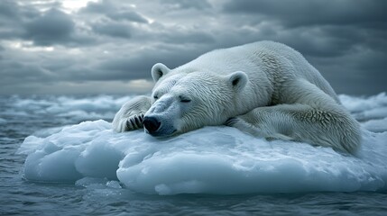 Naklejka premium Polar bear, eyes closed in exhaustion, rests on a deteriorating ice floe amidst open Arctic waters, symbolizing the fragility of nature due to global warming