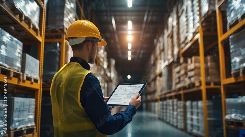 Poster factory worker using a tablet to review a warehouse report
