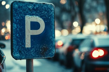 Blue Parking Sign in a Busy City Street Scene, Ideal for Urban Planning or Parking Guidance Generative AI