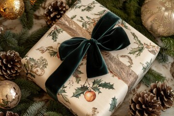 Festive holiday gift wrapped in Christmas themed paper with green velvet bow