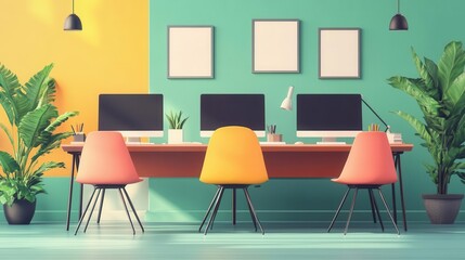 Office collaboration symbol in a shared workspace, flat design, front view, corporate team theme, animation, vivid