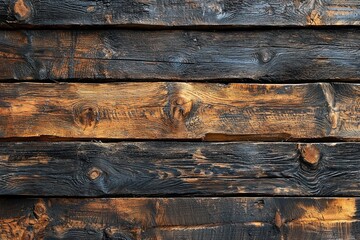 Weathered burnt wooden planks with dark charred marks and natural wood grain texture Generative AI