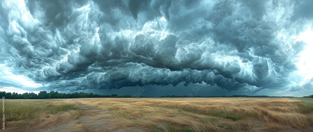 Wall mural massive storm clouds rolling over an open field with tall grass under a dramatic sky creating a powe