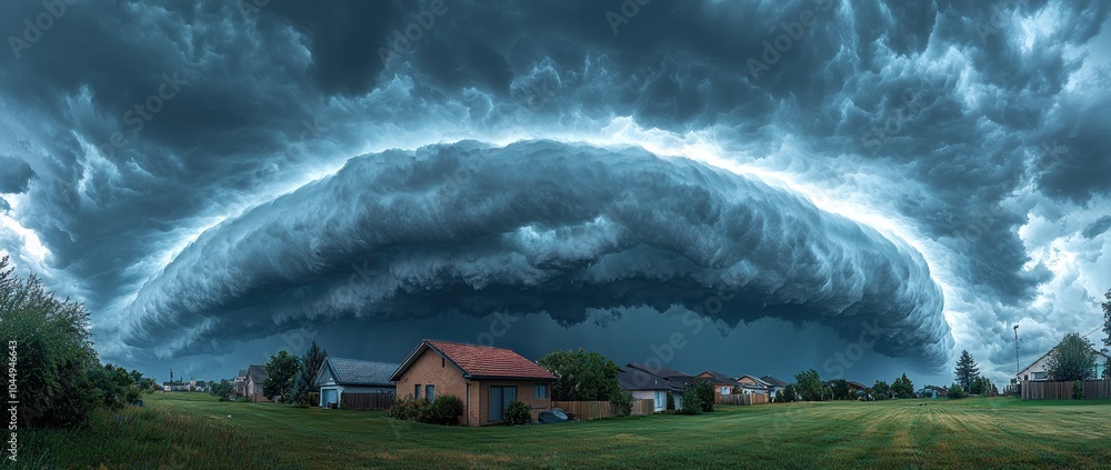 Wall mural massive storm clouds rolling over an open field with tall grass under a dramatic sky creating a powe