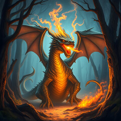 A powerful dragon breathing fire in a magical forest, surrounded by glowing trees
