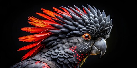 A Striking Portrait of a Black and Crimson Parrot with a Crest of Fiery Feathers