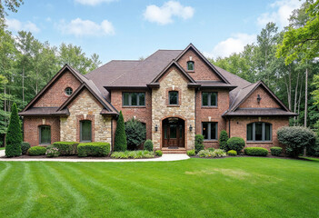 Obraz premium Modern Two-Story real estate House with Spacious Lawn and Classic Design