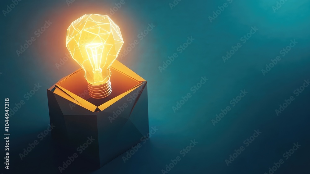Poster abstract low poly box with a glowing lightbulb emerging from it