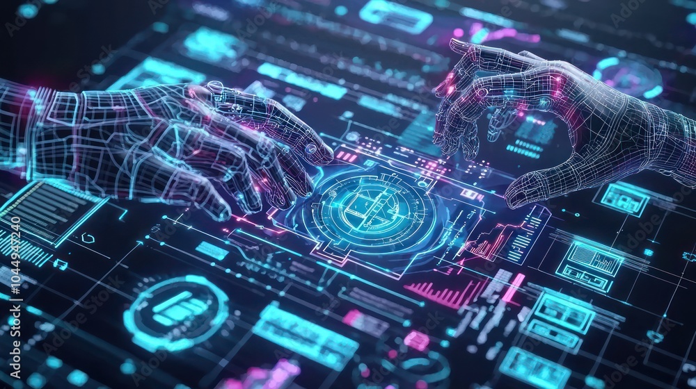 Poster exploring the intersection of human and machine a futuristic perspective on technology and interacti