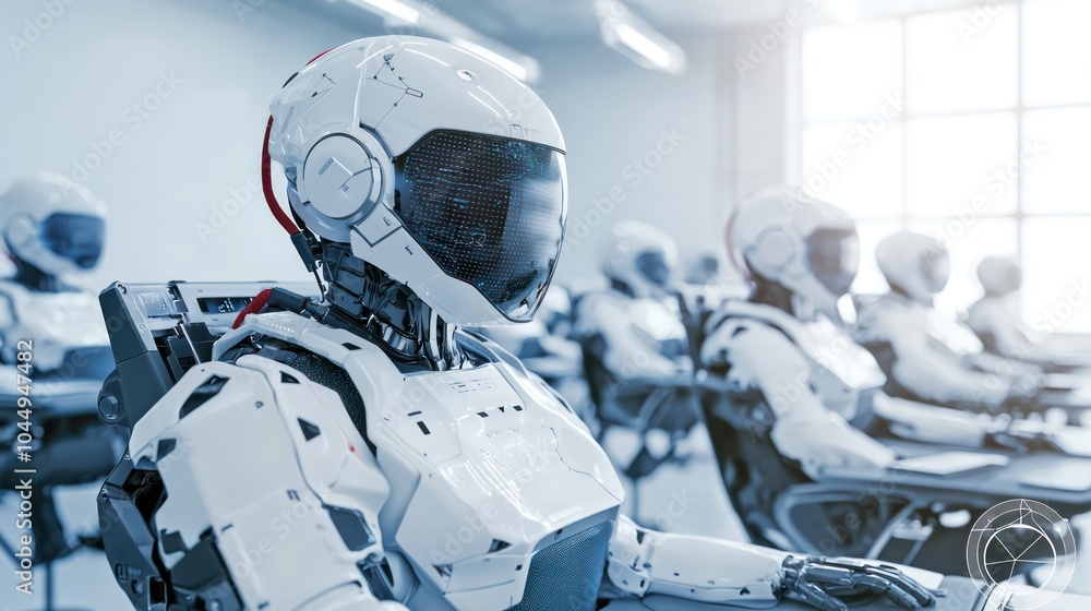 Poster futuristic classroom of robots a glimpse into the future of education and technology integration