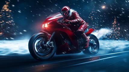 Obraz premium Cool Santa Claus biker riding a fast motorcycle, unconventional Christmas concept