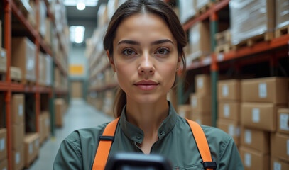 a close up female warehouse employee standing in a large, well-organized warehouse, holding a handheld scanner