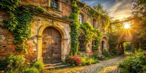 Sunlit Pathway Leading to an Ancient Stone Archway and Weathered Doorway in a Lush Garden