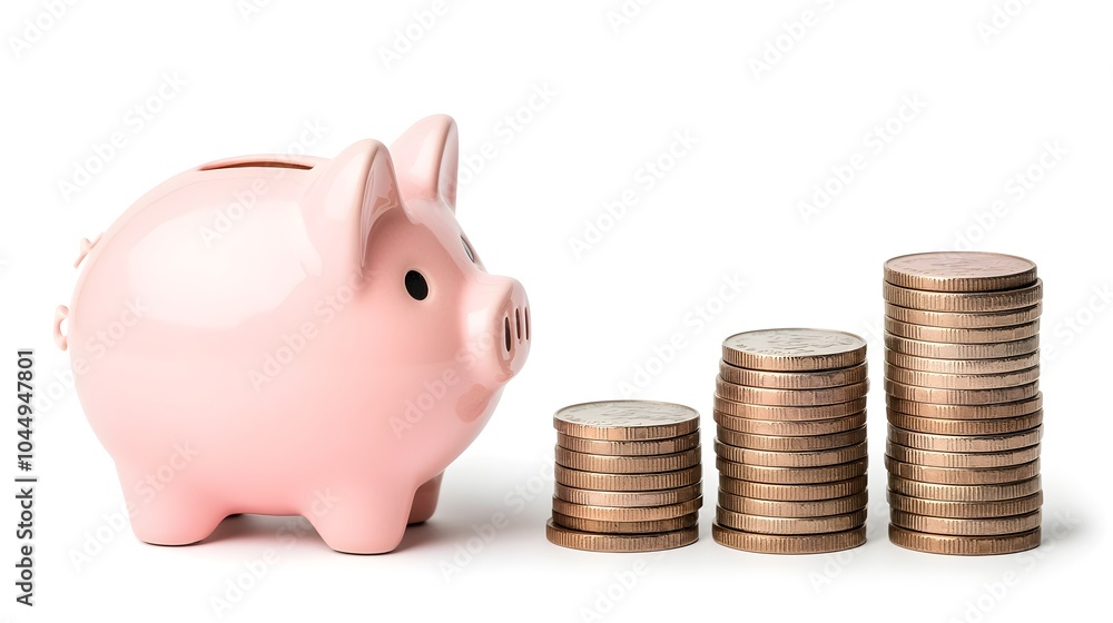 Poster steadily growing savings visualized with cute pink piggy bank and increasing piles of coins stacked 