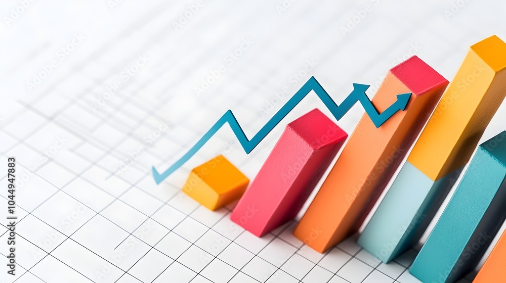 Poster Layered data visualization displayed on a white background with a grid pattern featuring intersecting line charts and bar charts in a modern abstract design layout