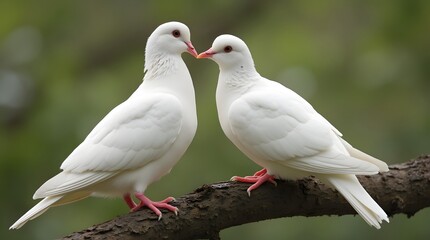 Obraz premium Two white doves touch their beaks on a branch. White doves kiss.