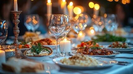 Fototapeta premium Close-Up of Grand Feast Table with Hanukkah and Christmas Foods