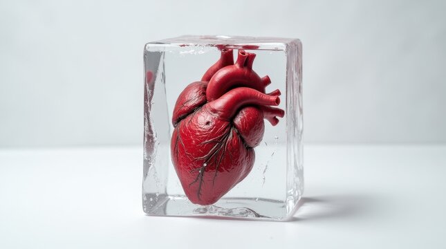 A realistic human heart encased in a clear block of ice, positioned on a clean, solid white surface. The heart is preserved within the ice, symbolizing the preservation of life and emotion