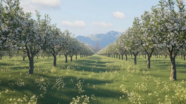 Serene Blossoming Orchard with Snow-Capped Mountains