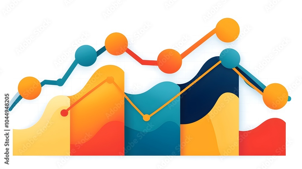 Fototapete Visually compelling graph featuring multiple colorful line charts overlaid on a bar chart with a clean white grid background