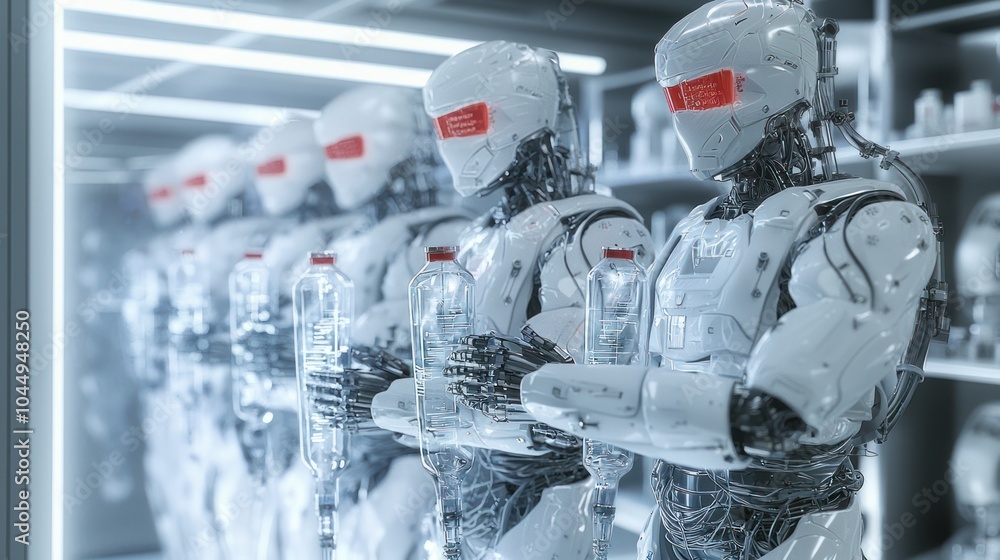 Poster robotic innovation advanced automation in modern industry focusing on bottle handling and efficiency