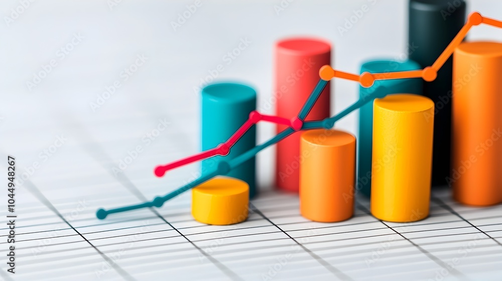 Poster Detailed graph with multiple colorful line charts layered over bars displayed on a white background with a grid perfect for modern data analysis visuals and financial reporting