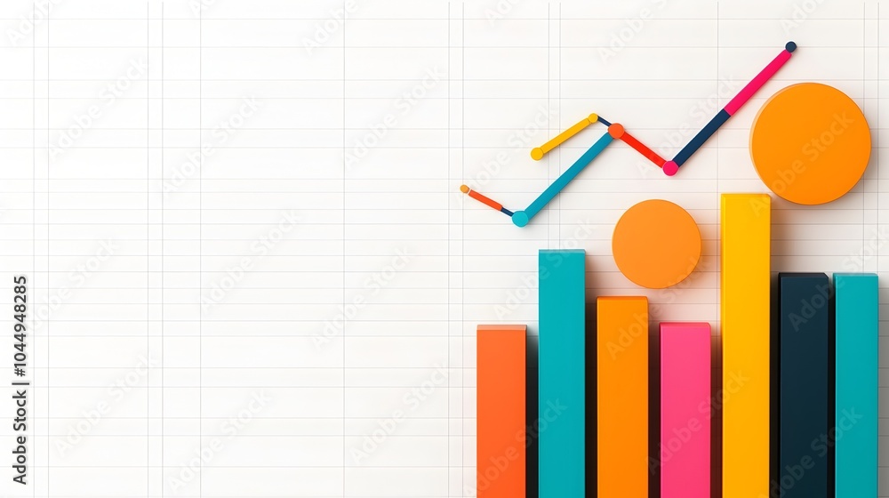 Fototapete Detailed graph with multiple colorful line charts layered over bars displayed on a white background with a grid perfect for modern data analysis visuals