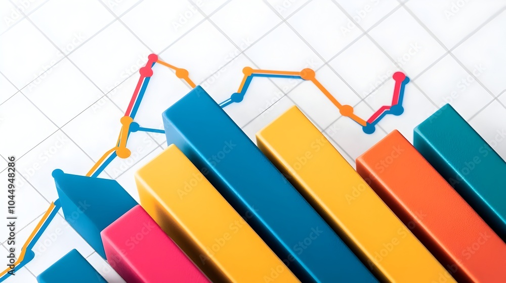 Poster Detailed layered graphs with multiple vibrant line charts and bars displayed on a clean white background with a grid perfect for modern data analysis and visualization