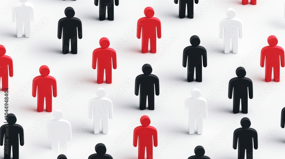 Poster diverse representation of figures in black white and red a visual commentary on unity and diversity