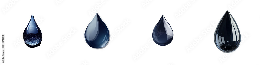 Poster collection of four glossy water droplets in varying shapes and sizes, showcasing rich dark color and