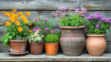 Fototapeta premium Colorful Potted Plants on Wooden Background