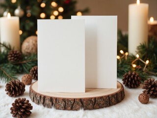blank christmas paper card on rustic wood slices, surrounded by pinecones, candles and christmas decor. Warm, festive hygge atmosphere. Paper card mockup