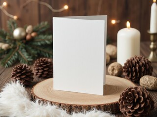 blank christmas paper card on rustic wood slices, surrounded by pinecones, candles and christmas decor. Warm, festive hygge atmosphere. Paper card mockup
