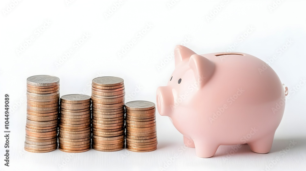 Poster soft pink piggy bank positioned next to growing stacks of coins on a white background