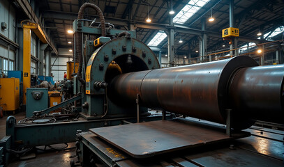 Naklejka premium A large industrial machine designed for bending metal pipes and plates, stationed in a busy workshop