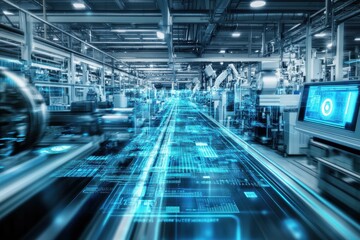 Futuristic factory floor with holographic screens and digital connections
