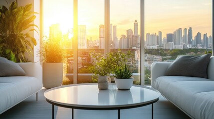 Modern Living Room with Sunset City View