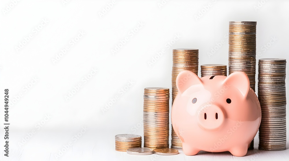 Poster consistent savings for financial stability and growth represented by a pink piggy bank placed next t