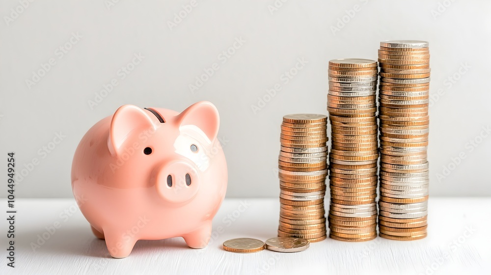 Poster piggy bank placed next to tall growing columns of coins on a white background symbolizing consistent