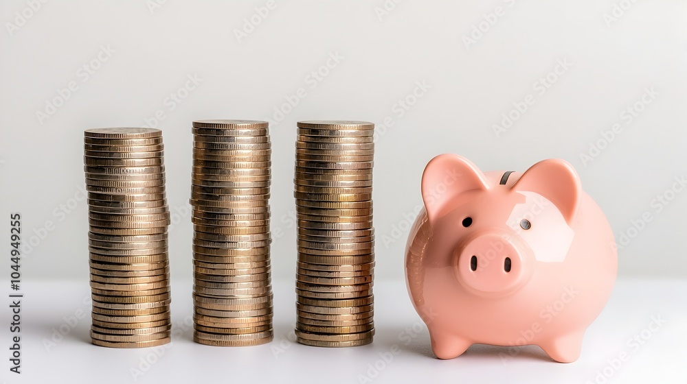 Poster pink piggy bank placed next to tall growing columns of coins on a white background symbolizing consi